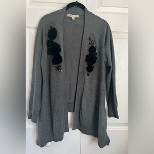 Debbie Morgan Long Sleeved Open Cardigan W/Beaded & Floral Accents